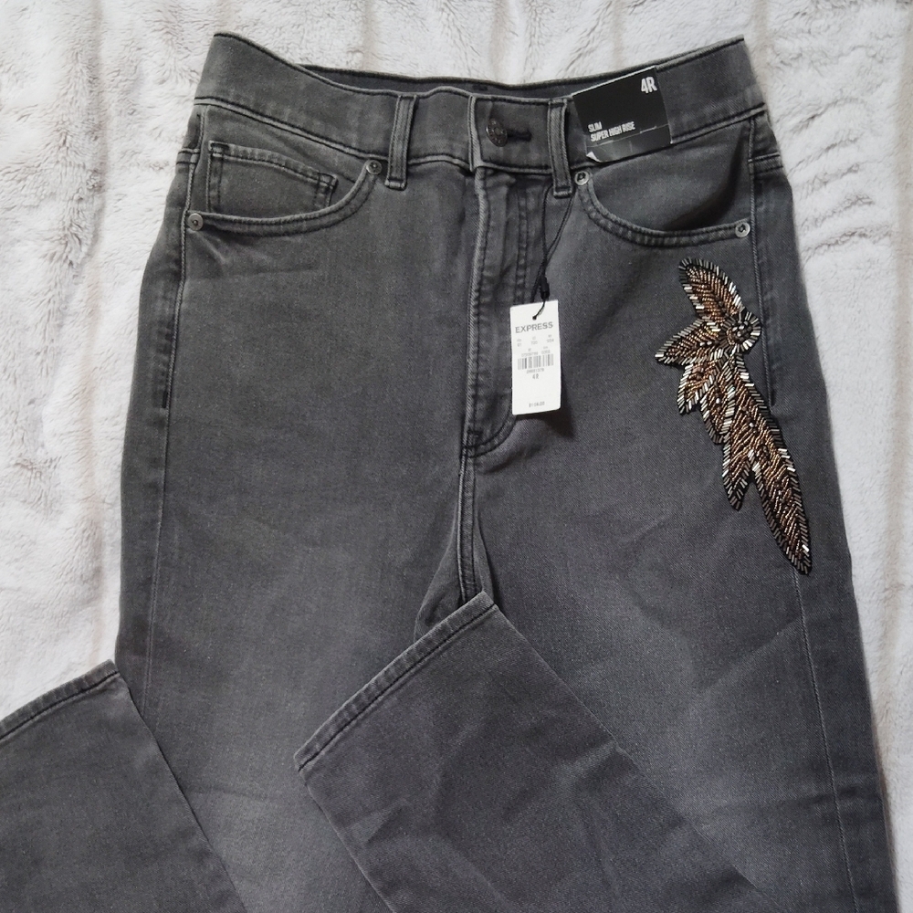 Express Gray High Rise Jeans with Decorative Embellishment